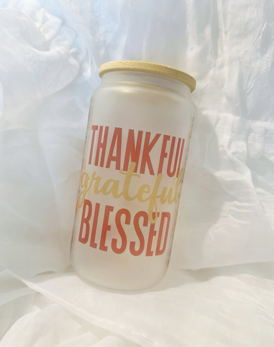 Thankful Grateful Blessed Glass Cup