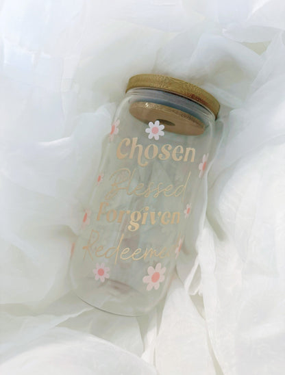 Chosen Blessed Forgiven Redeemed Glass Cup