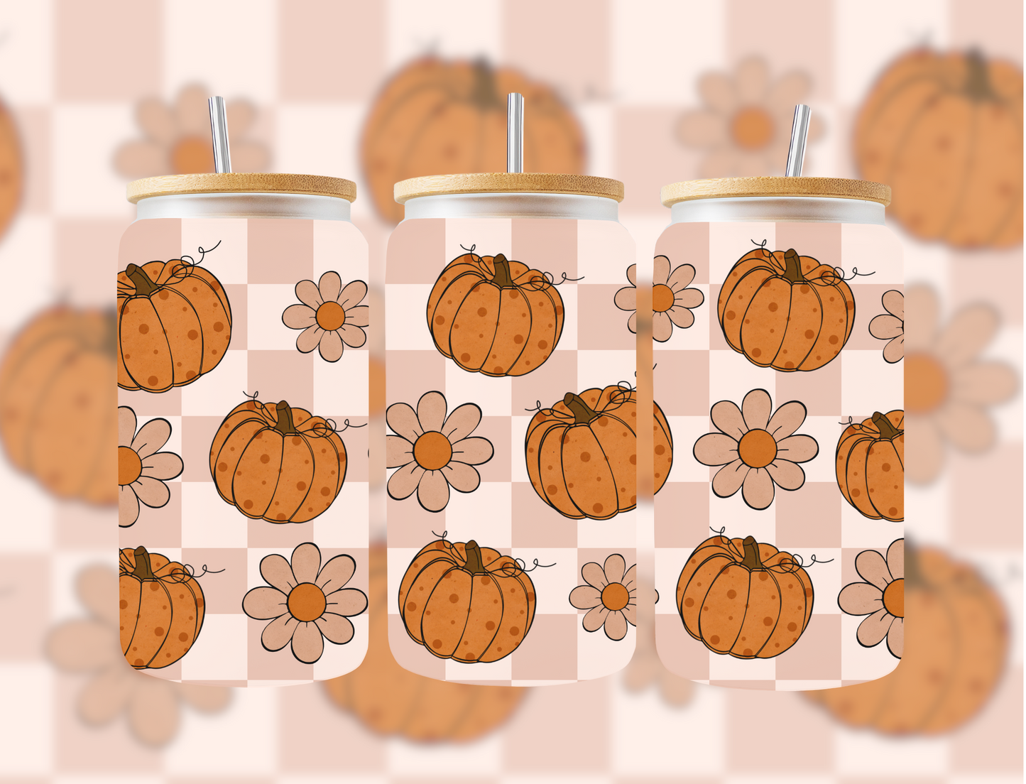 Checkered Pumpkin Glass Cup